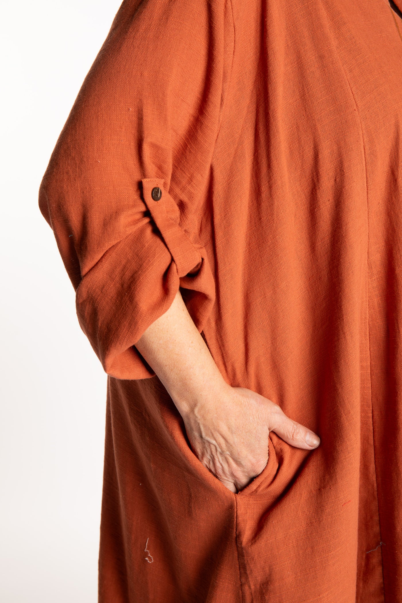 Betty is wearing a Boho Kimono Cover Up in Terracotta