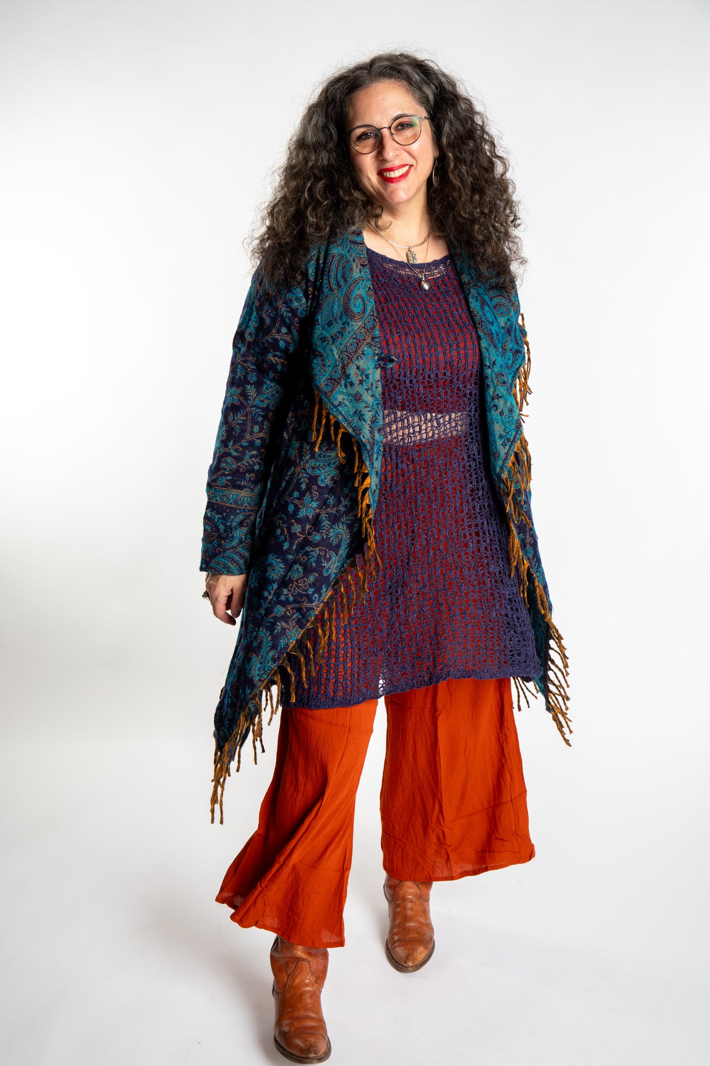 Susan wearing the Blue patterned paisley blanket jacket 