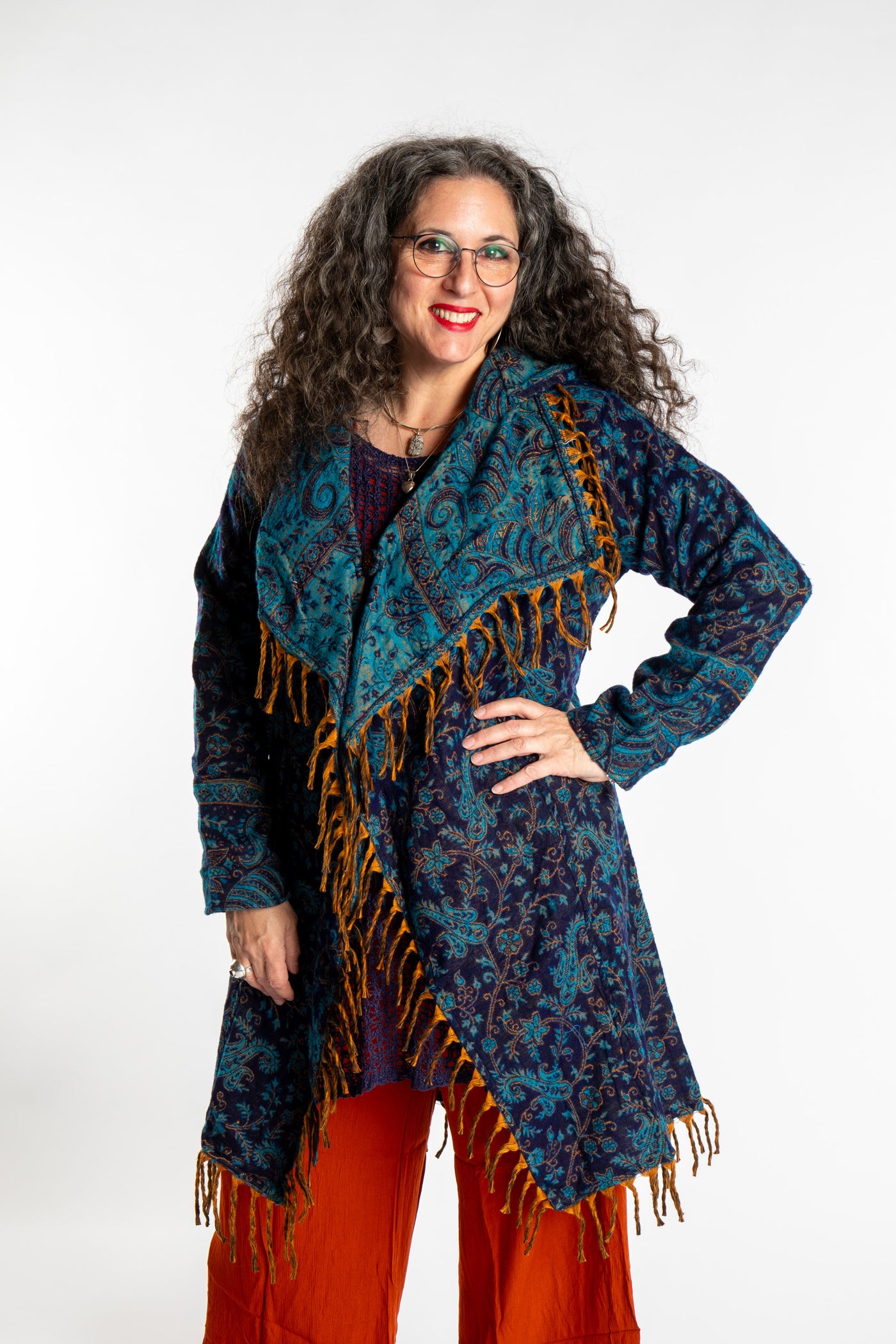 Susan wearing the Blue patterned paisley blanket jacket 