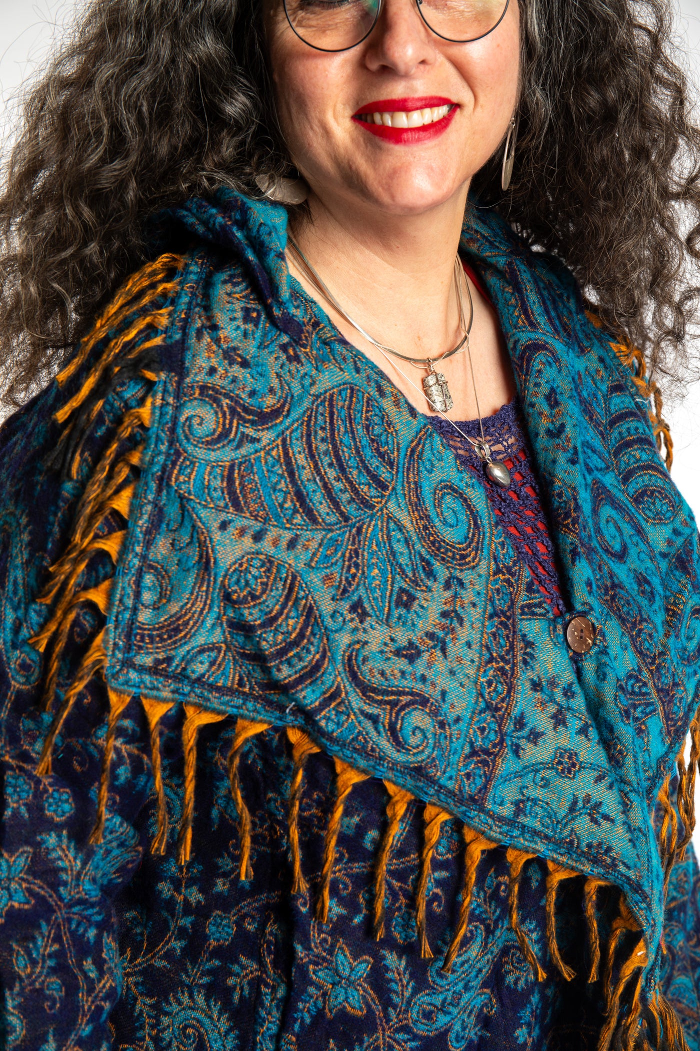 Susan wearing the Blue patterned blanket jacket 
