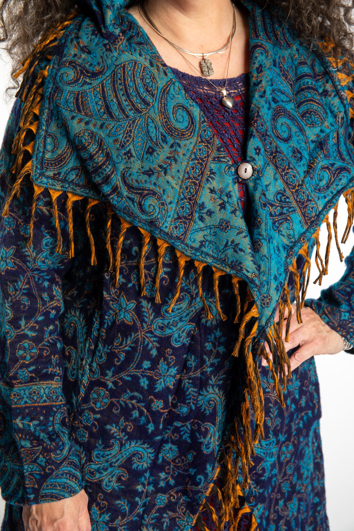 Susan wearing the Blue patterned blanket jacket 