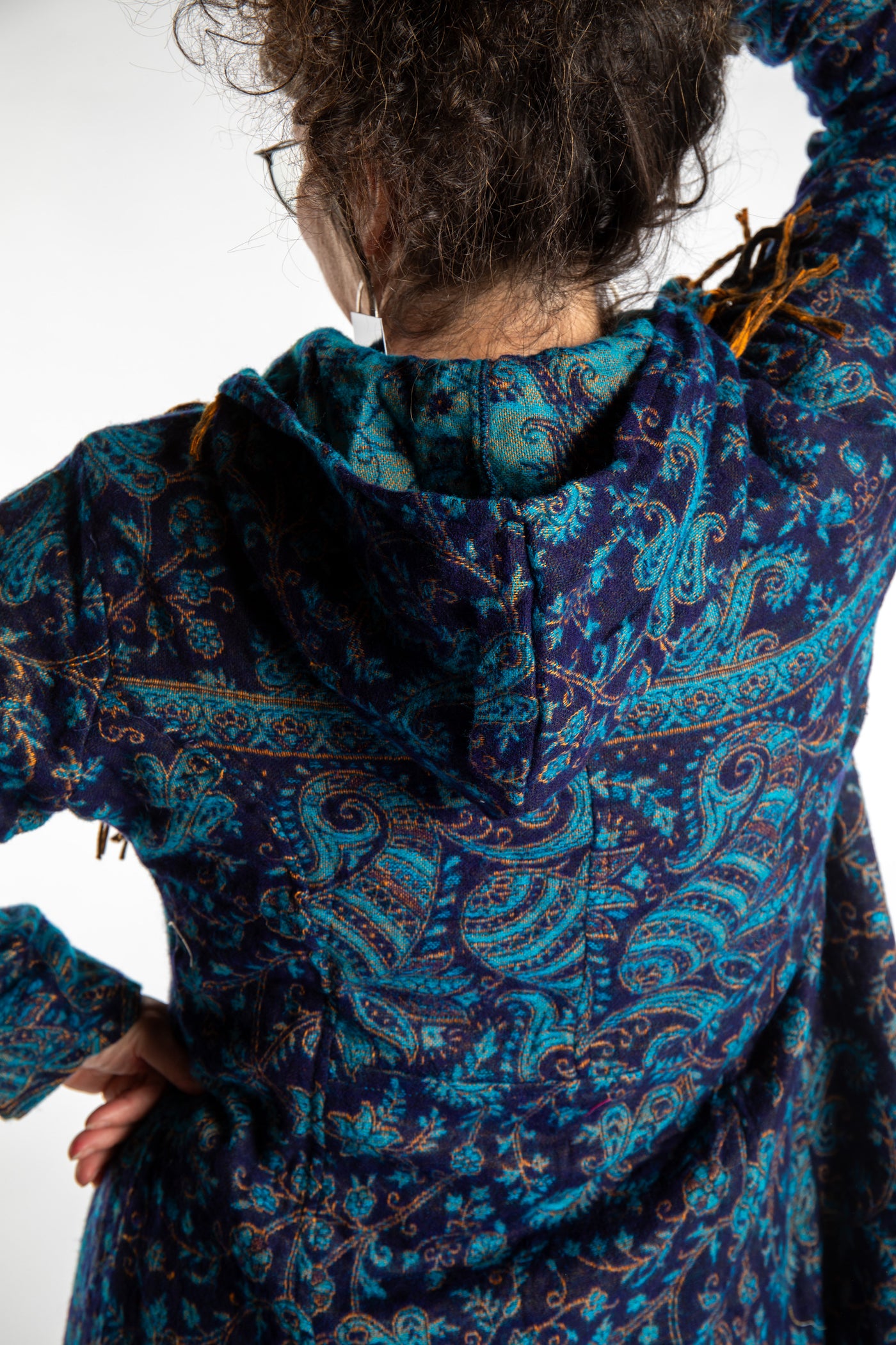 Susan wearing the Blue patterned blanket jacket 