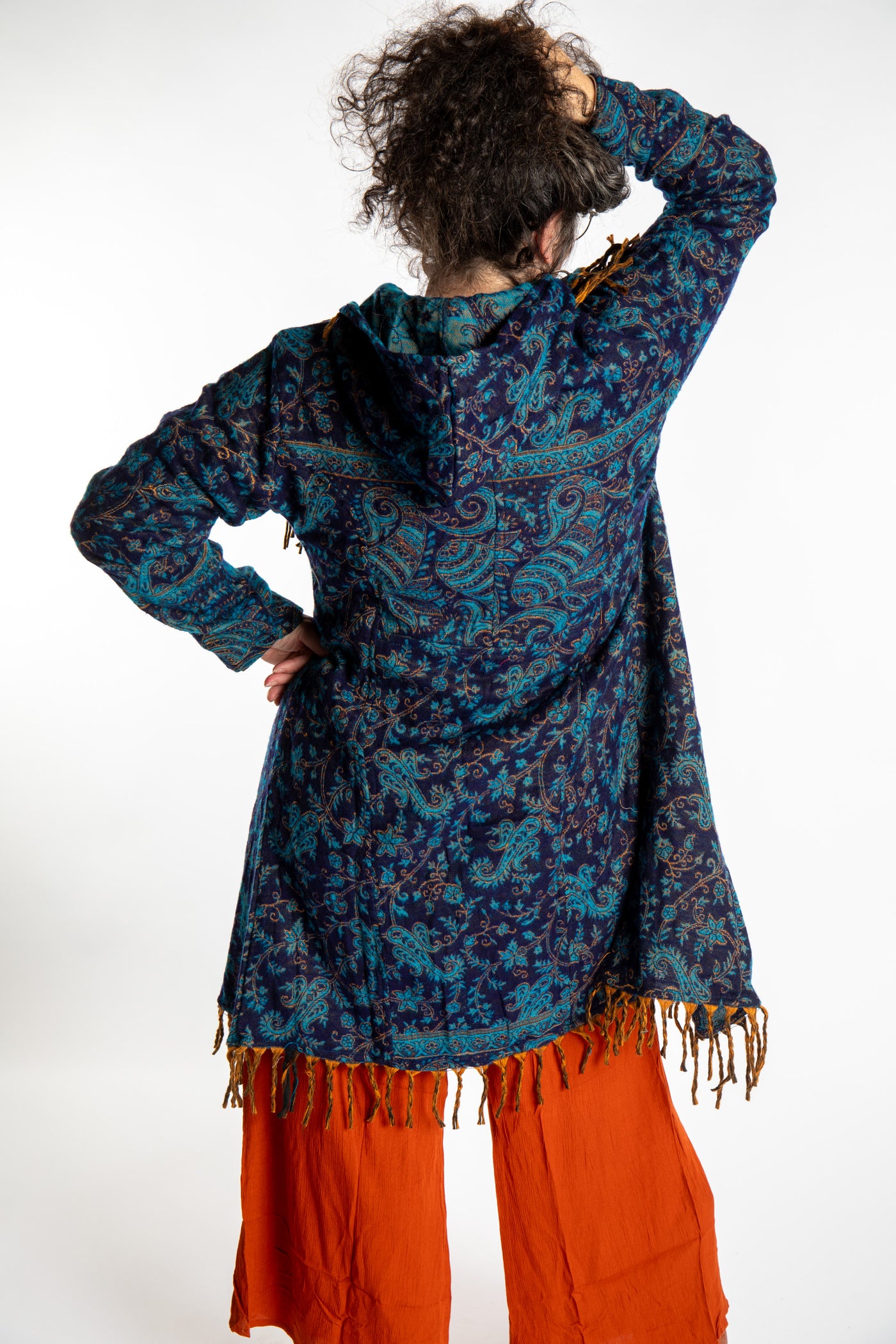 Susan wearing the Blue patterned blanket jacket 