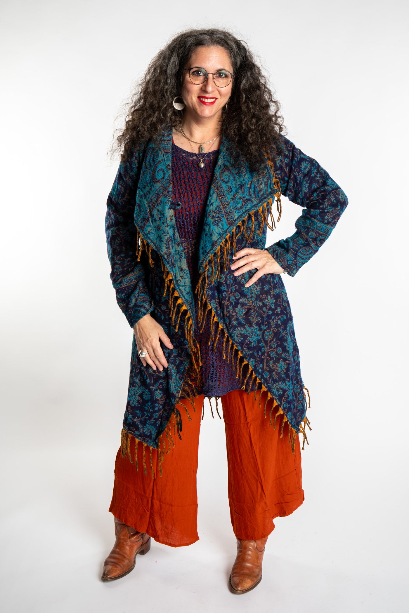 Susan wearing the Blue patterned paisley blanket jacket 