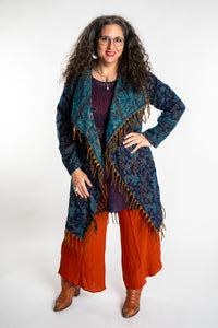 Susan wearing the Blue patterned paisley blanket jacket 