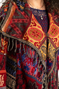 Susan wearing the Red multicolored patterned blanket jacket 