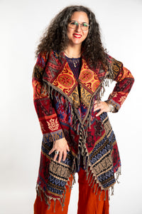 Susan wearing the Red multicolored patterned blanket jacket 