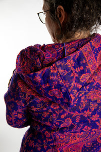 Susan wearing the Purple and orange multicolored paisley patterned blanket jacket 