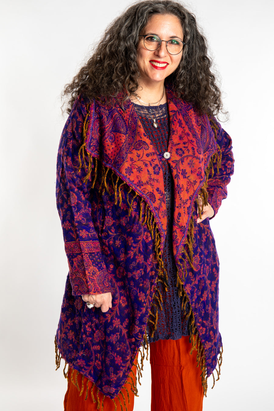 Susan wearing the Purple and orange multicolored paisley patterned blanket jacket 