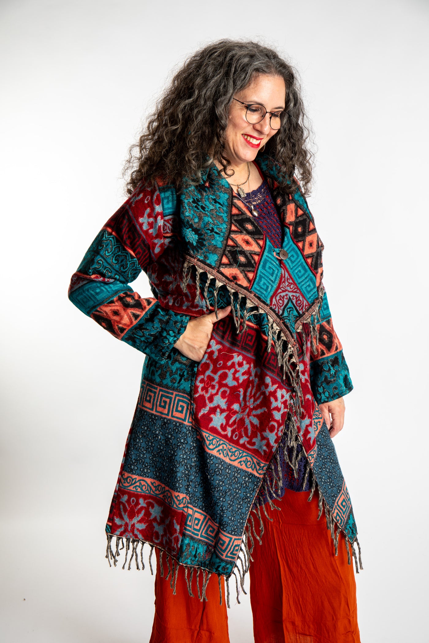 Susan wearing the Teal multicolored patterned blanket jacket 