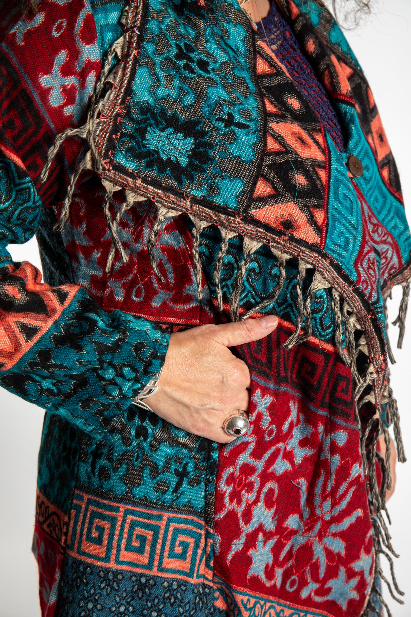 Susan wearing the Teal multicolored patterned blanket jacket 