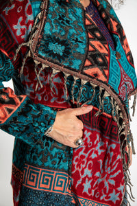 Susan wearing the Teal multicolored patterned blanket jacket 