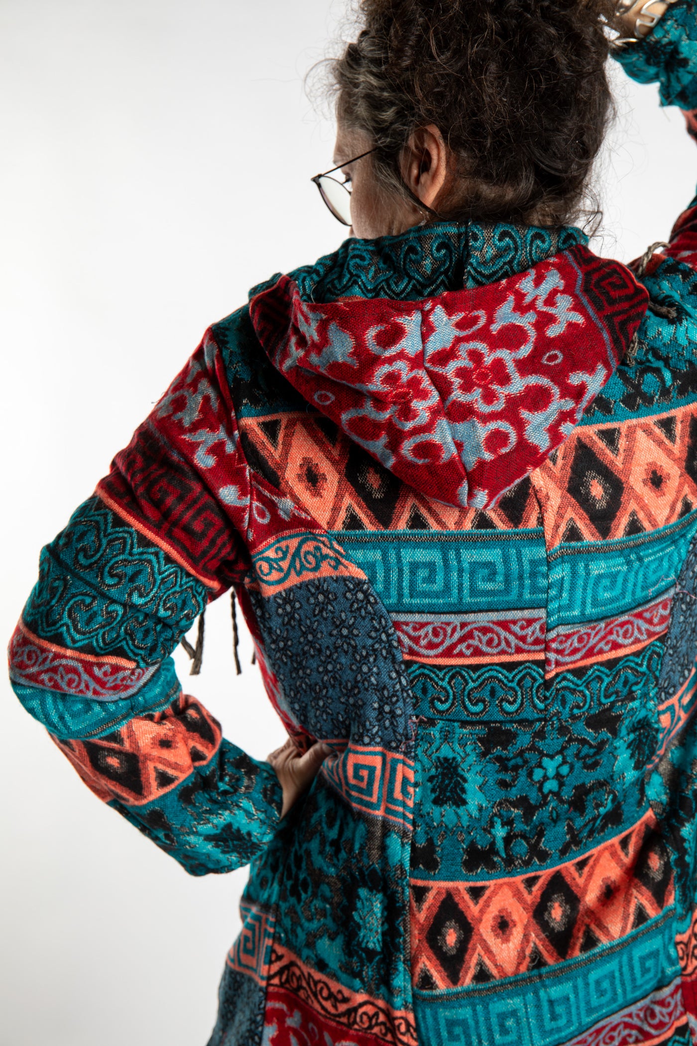 Susan wearing the Teal multicolored patterned blanket jacket 