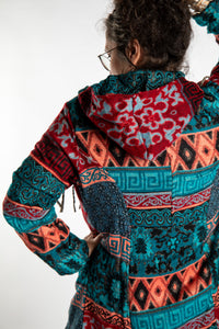 Susan wearing the Teal multicolored patterned blanket jacket 