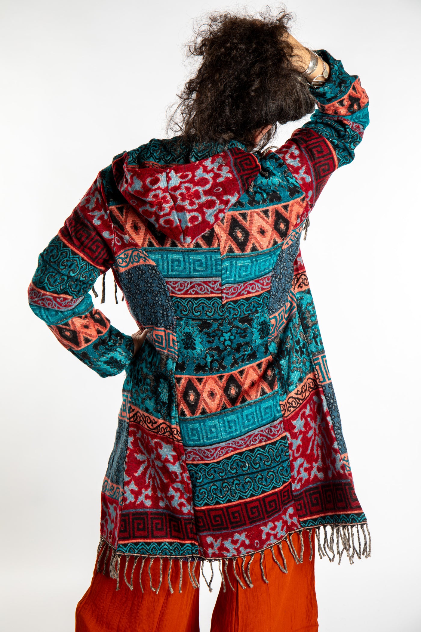 Susan wearing the Teal multicolored patterned blanket jacket 