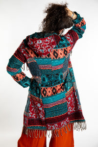 Susan wearing the Teal multicolored patterned blanket jacket 