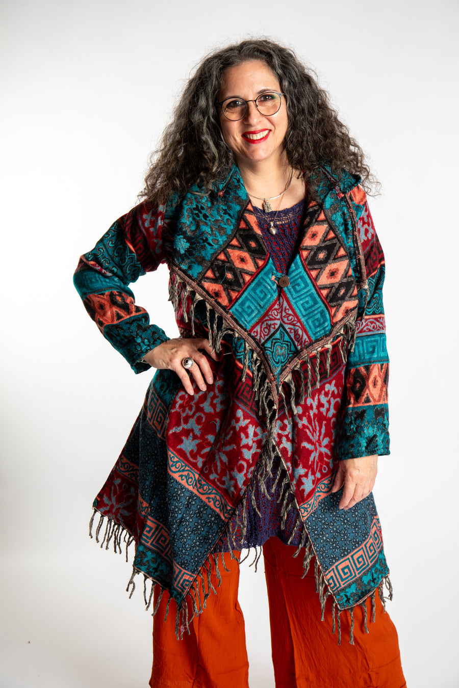 Susan wearing the Teal multicolored patterned blanket jacket 
