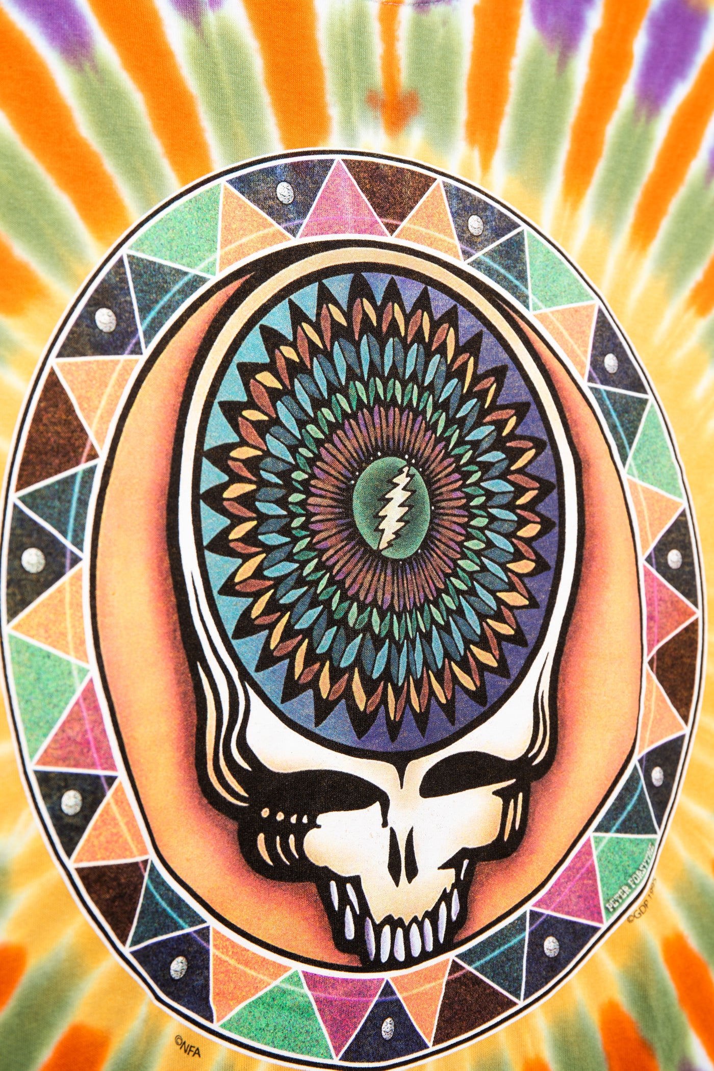 Colorful Grateful Dead tie-dye design with a Steal Your Face and mandala-like pattern