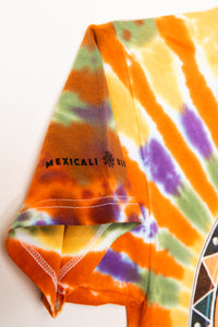 Colorful tie-dye shirt with Mexicali Blues logo on a white background