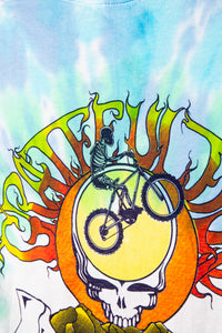 T-shirt with a skeleton on a bike and Grateful Dead logo design.