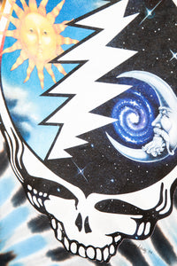 Grateful Dead Steal Your Face skull with lightning bolt, sun, and galaxy design on a tie-dye background