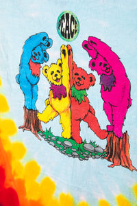 Colorful Grateful Dead dancing bear graphic with a 'PEACE' graphic on a tie-dye background