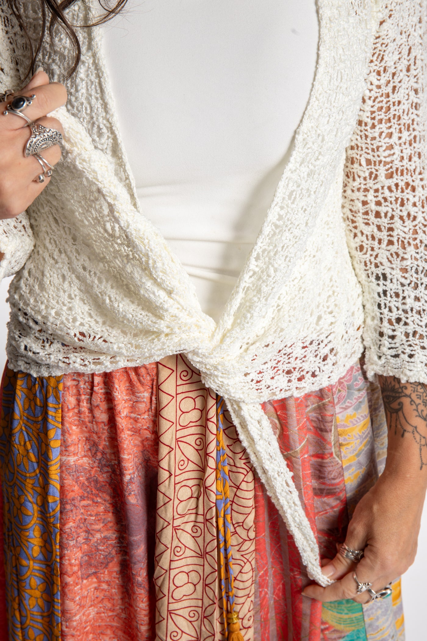 Jen is wearing the Ivory loose knit cardigan