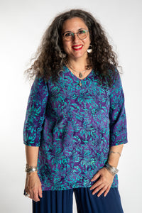 Susan wearing the M/L Blue Violet floral batik tunic top