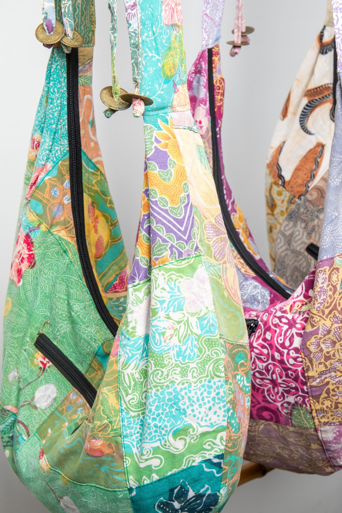 Assorted colorful patterned java patch moon bags