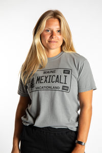 Sophie wearing size S Heather Sport Gray Mexicali License Plate T Shirt