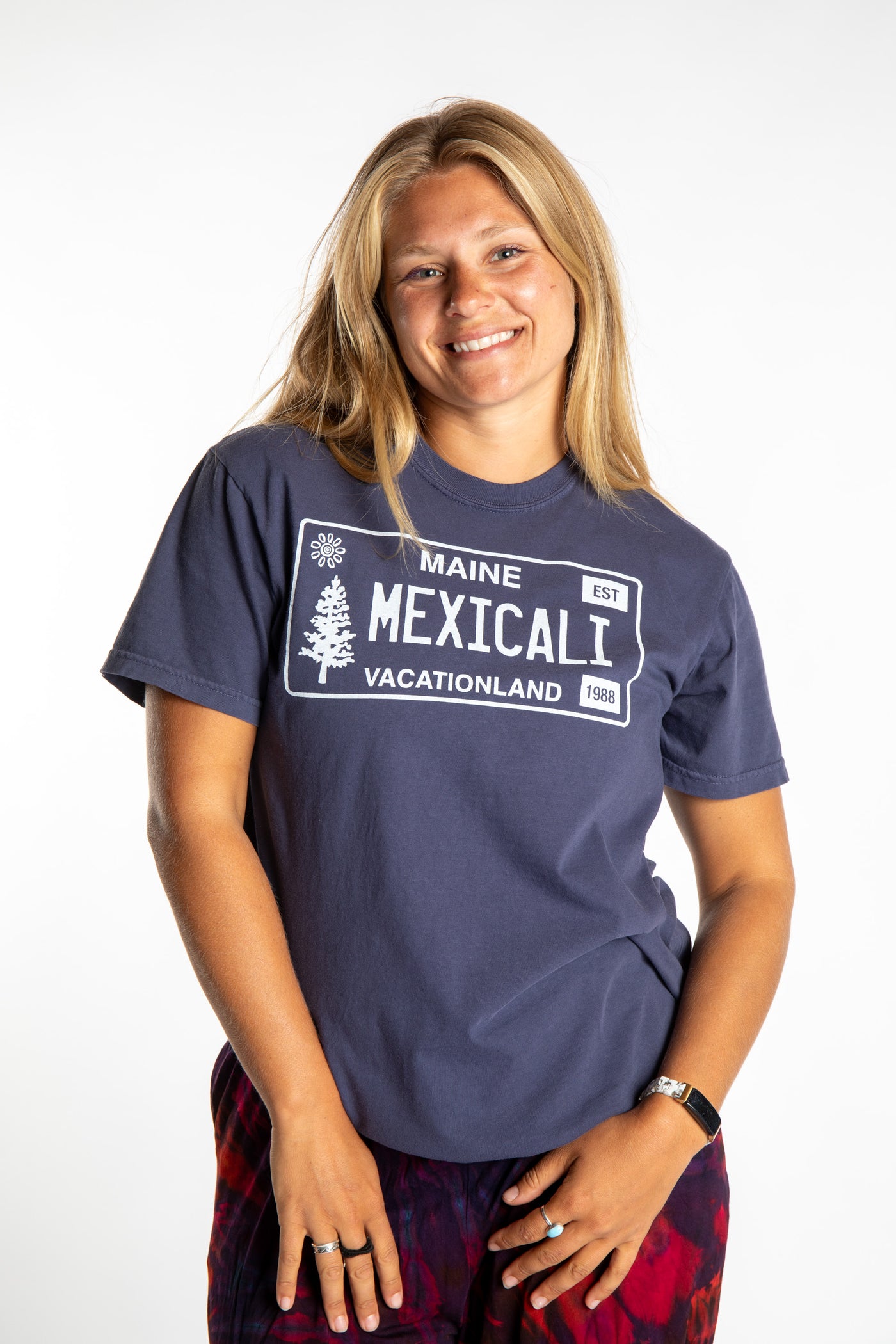 Sophie wearing size S Navy Mexicali License Plate T Shirt