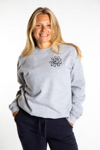 Sophie wearing a size S Heather Sport Gray branded crew neck