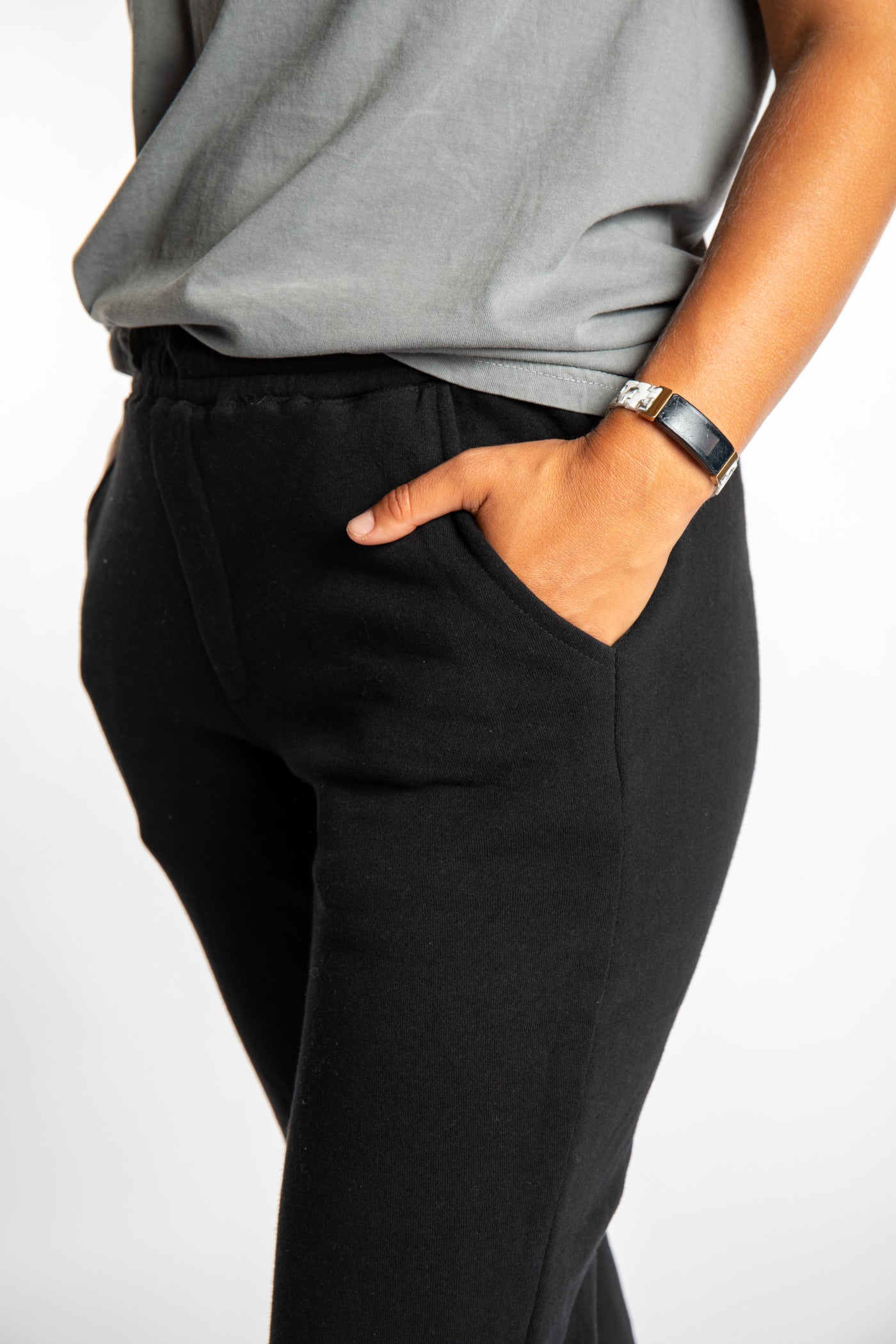 Sophie is wearing size S black Peace, Love, Mexicali jogger sweatpants