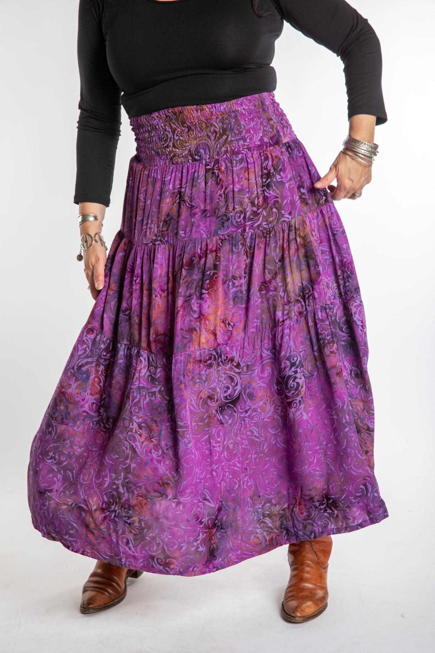 Susan wearing a S/M colorful patterned batik prairie skirt in Violet