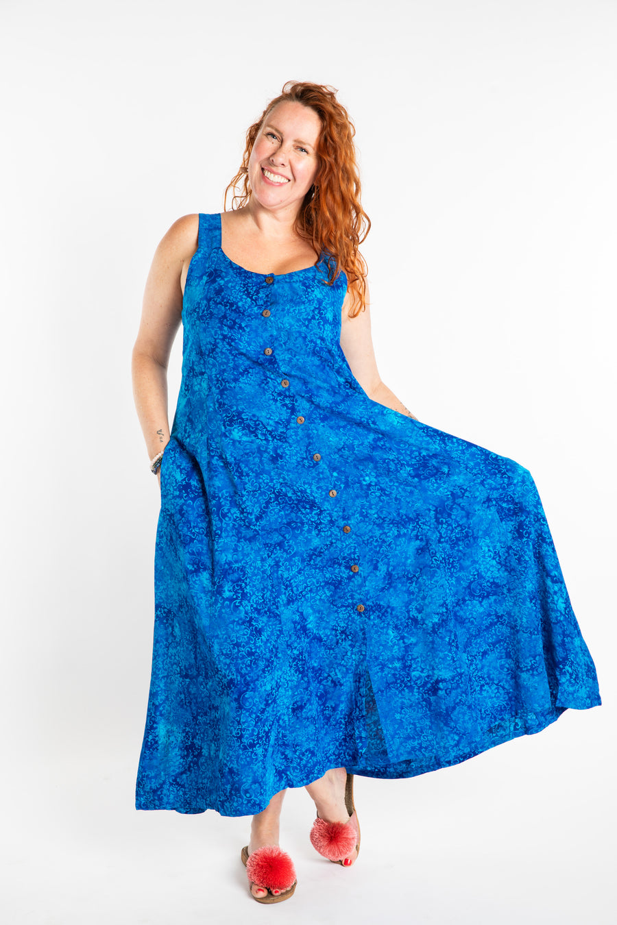 Maggie is wearing the Large Blue Cobalt Ani Button Batik Maxi Dress