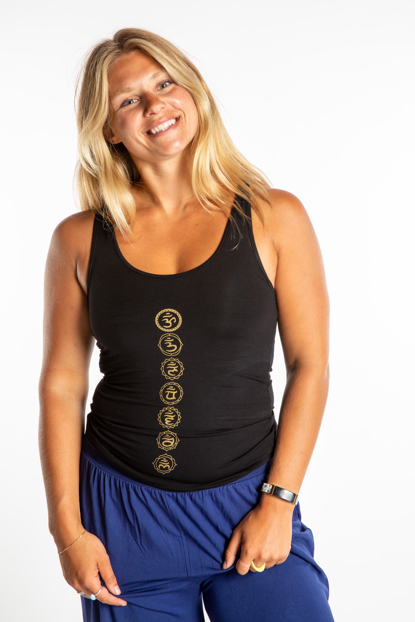Sophie wearing a Small Black Chakra tank top