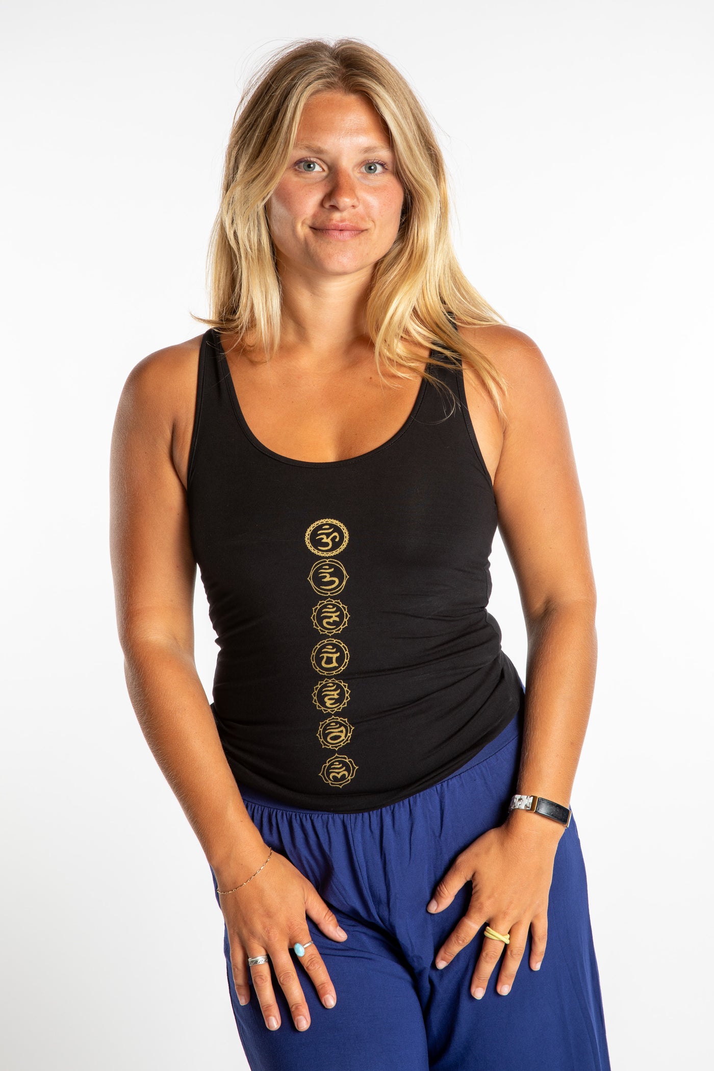Sophie wearing a Small Black Chakra tank top