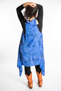 Susan wearing a long batik patterned vest in Deep Blue
