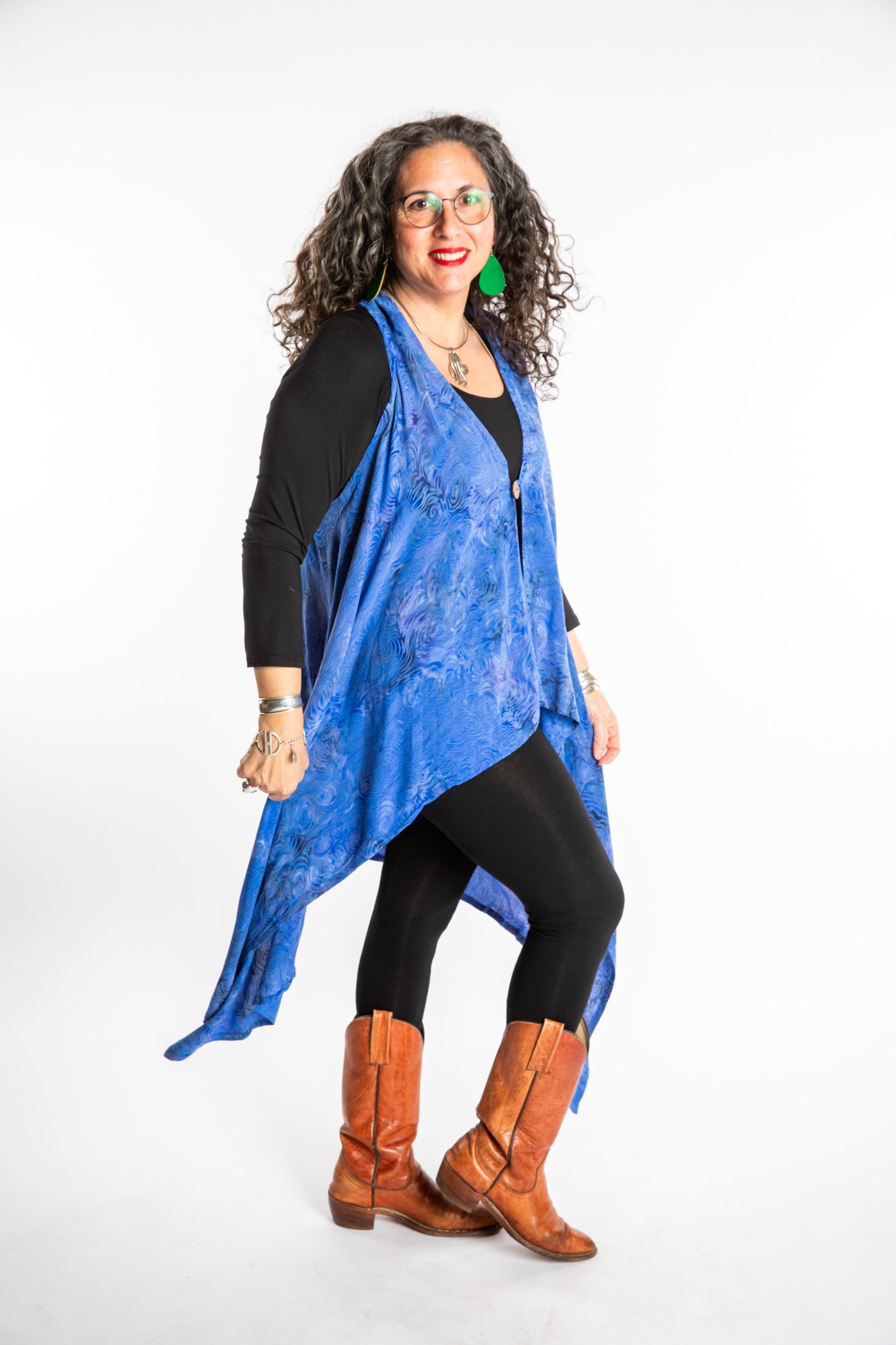 Susan wearing a long batik patterned vest in Deep Blue