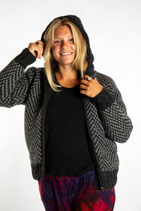 Sophie is wearing the S Charcoal checkered wool and fleece jacket