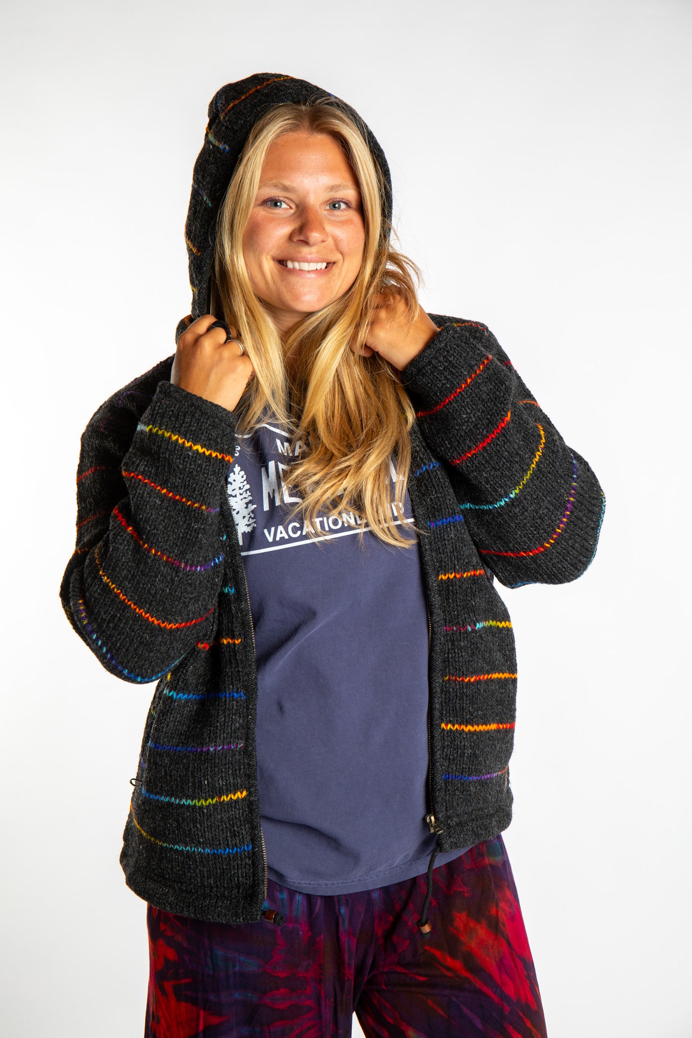 Sophie is wearing the S Rainbow striped wool and fleece hoodie jacket