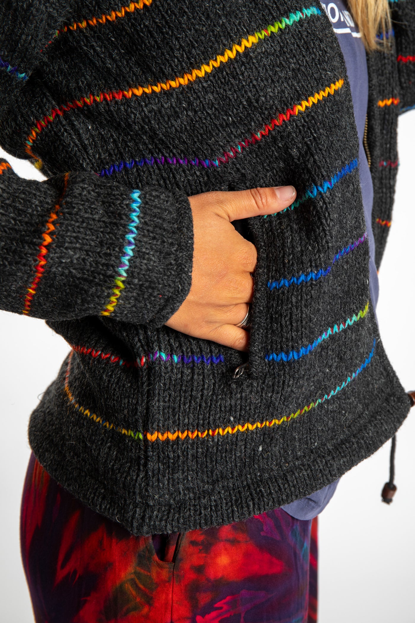 detail of the pocket on the rainbow striped wool hoodie jacket