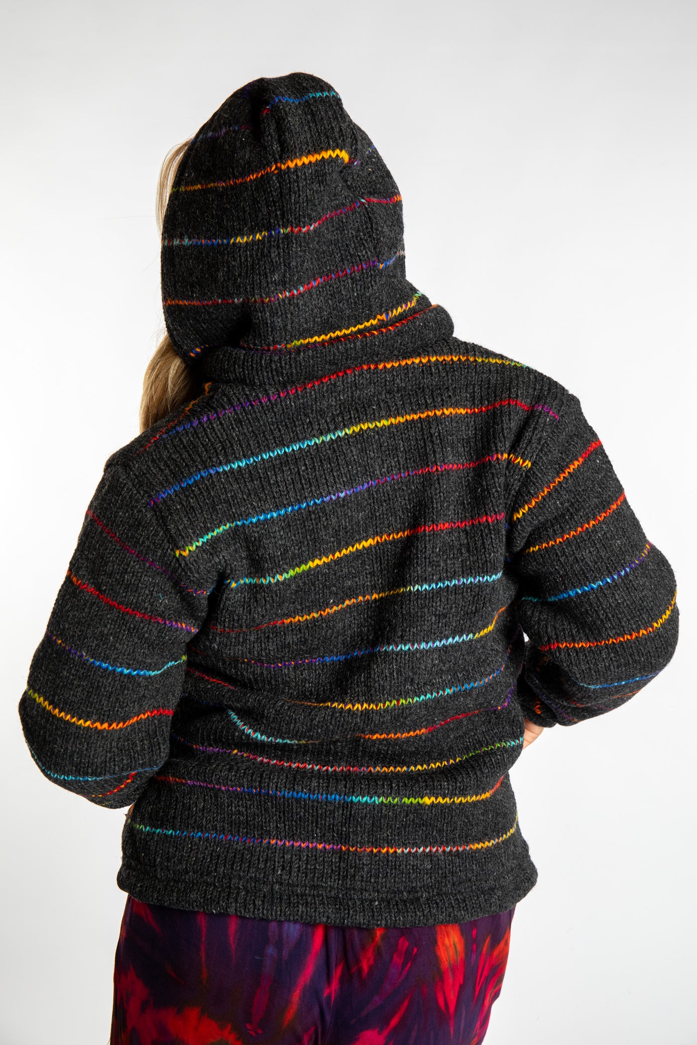 Sophie is wearing the S Rainbow striped wool and fleece hoodie jacket