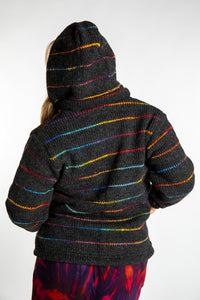 Sophie is wearing the S Rainbow striped wool and fleece hoodie jacket