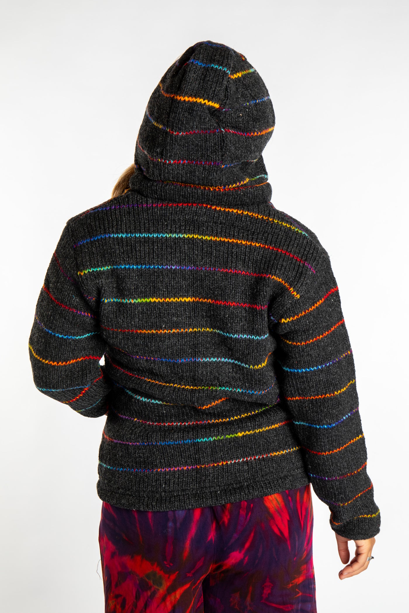 Sophie is wearing the S Rainbow striped wool and fleece hoodie jacket