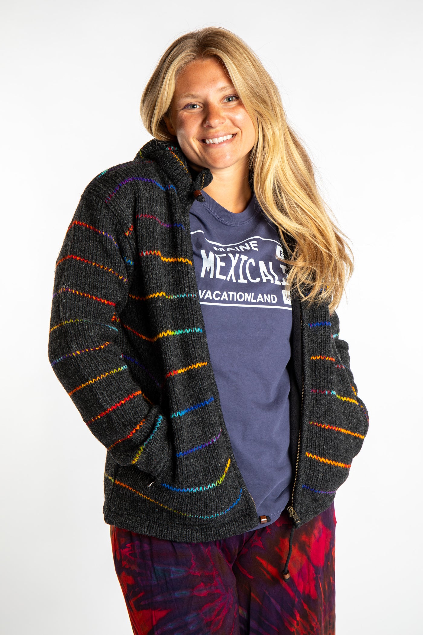 Sophie is wearing the S Rainbow striped wool and fleece hoodie jacket