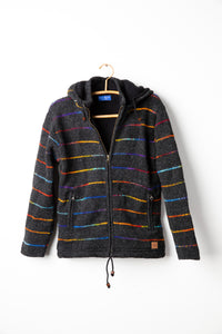 Rainbow striped wool hooded jacket hanging on hanger