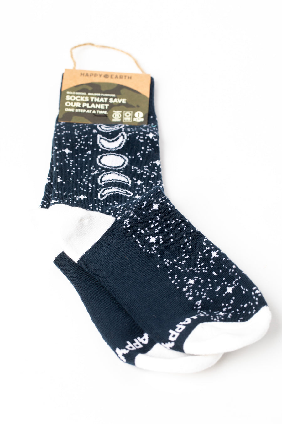 Pair of Black socks with a moon phase and night sky pattern 