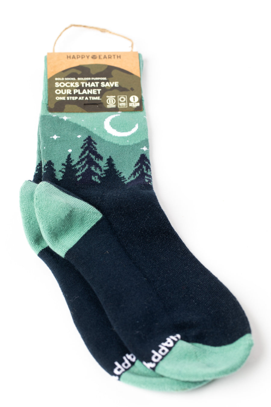 Pair of Teal socks with a forest and night sky design