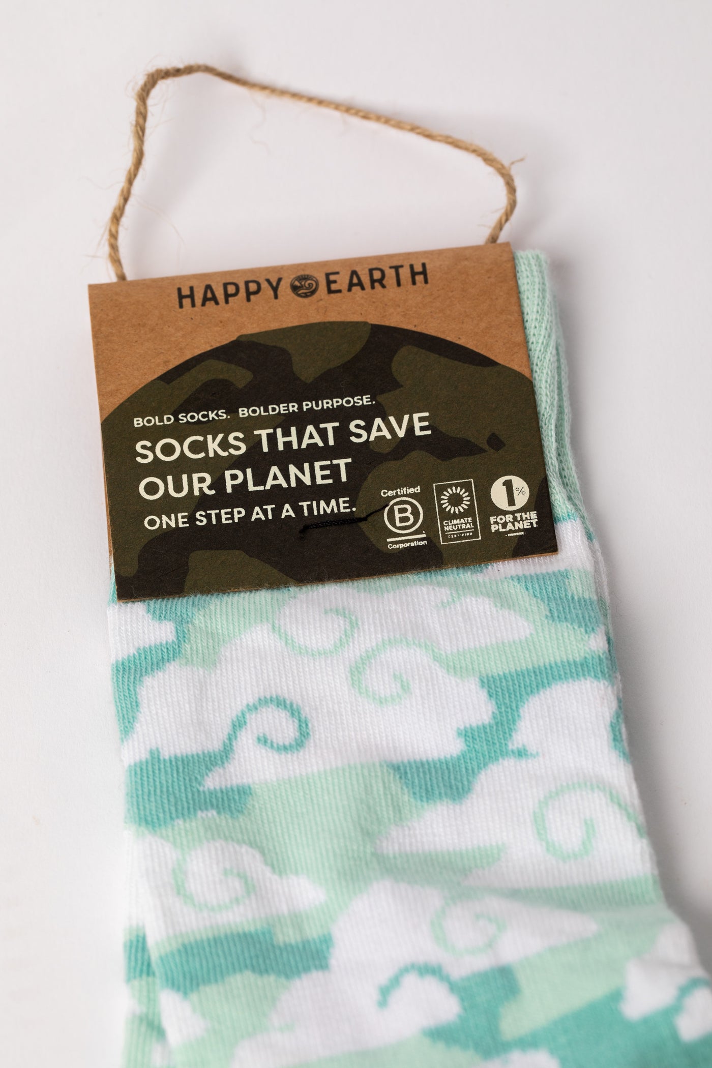 Turquoise and yellow Sky Blue socks with a cloud pattern.